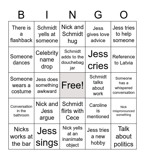 New Girl Bingo Card