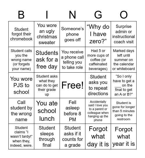 Finals Week BINGO Card