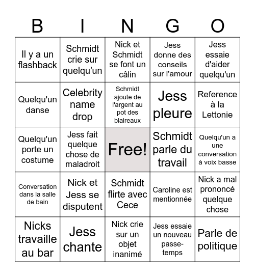 New Girl Bingo Card