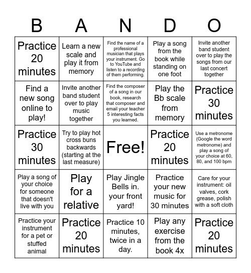 Winter Break Band Bingo Card