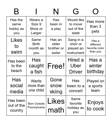 Getting to Know you Bingo Card