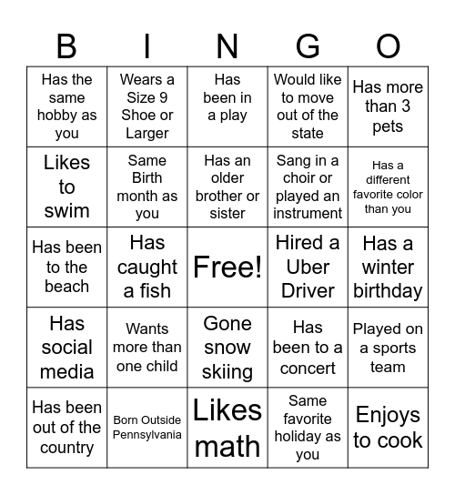 Getting to Know you Bingo Card