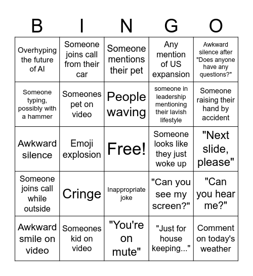 Virtual All Hands Meeting Bingo Card