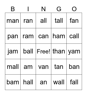 An/Am/All Bingo Card