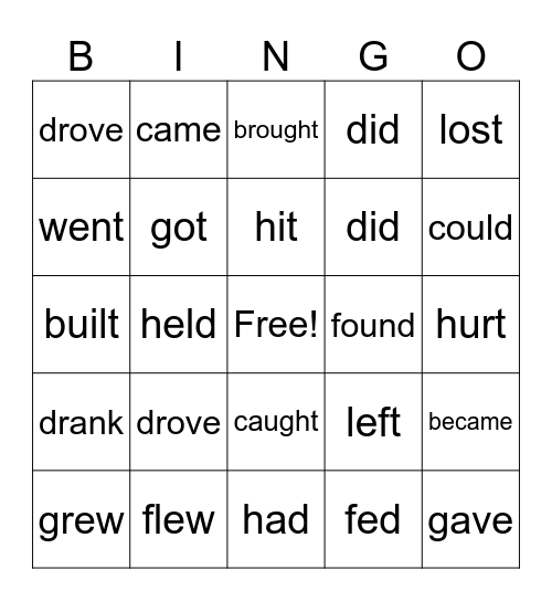 VERBS Bingo Card