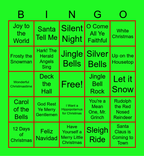 Christmas Song Bingo Card