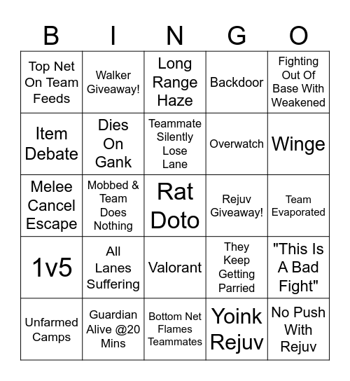 Noir Deadlock Bingo Card