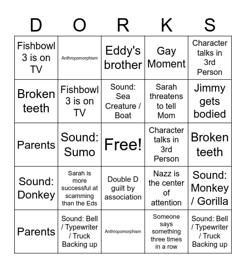 Ed Edd n Eddy Drinking Game Bingo Card