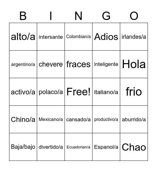 Unit: Adjetivos & Nacionalidades Bingo Card