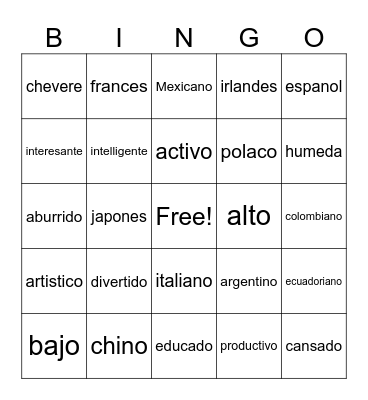 Unit 1 Adjetivos & Nacionalidades Bingo Card
