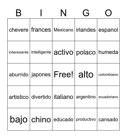Unit 1 Adjetivos & Nacionalidades Bingo Card