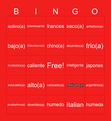 Unit 1 Adjetivos & Nacionalidades Bingo Card