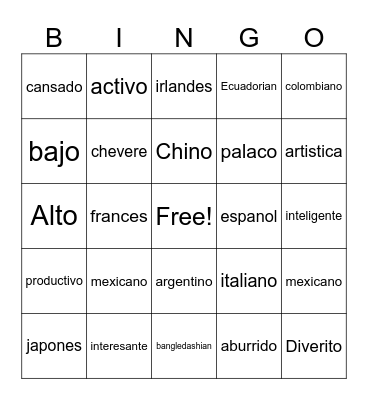 Unit 1 adjietovos & Nacioalidadies Bingo Card