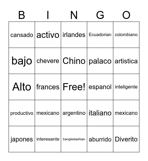 Unit 1 adjietovos & Nacioalidadies Bingo Card