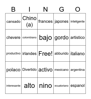 Unit 1 Adjetivos & Nacionalidades Bingo Card