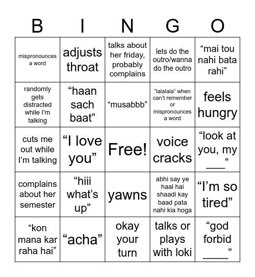 zena’s habits. Bingo Card