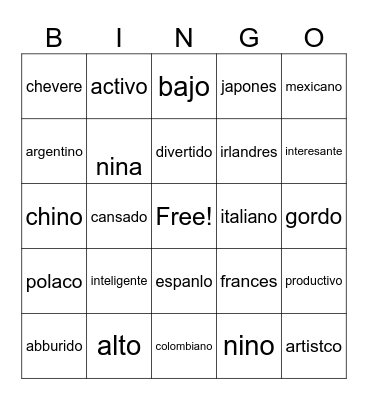 Unit 1 adjetivos & nacionalidades Bingo Card