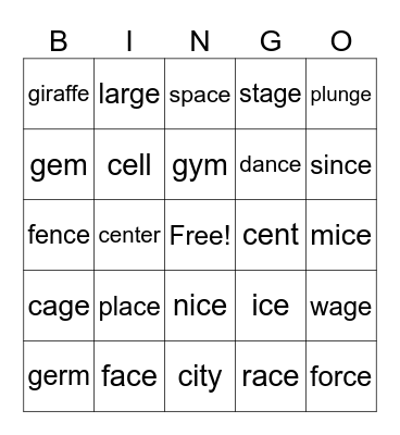Soft c and g Bingo Card