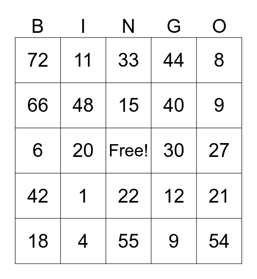 Multiplication Bingo 1-6 Bingo Card