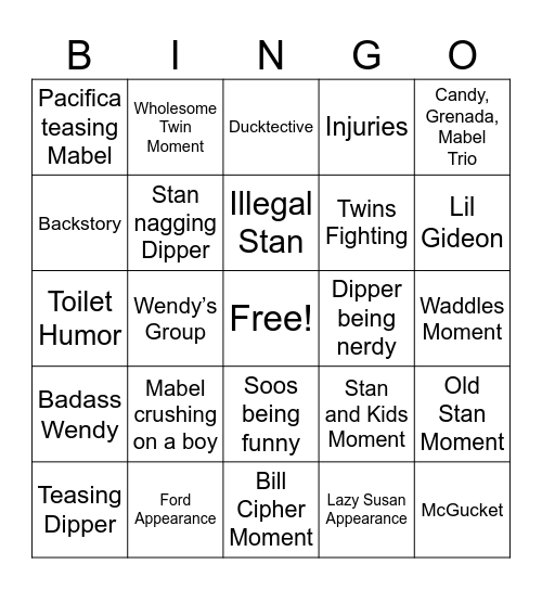 Gravity Falls Bingo Card