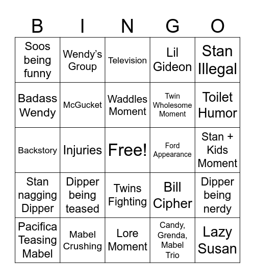 Gravity Falls Bingo Card