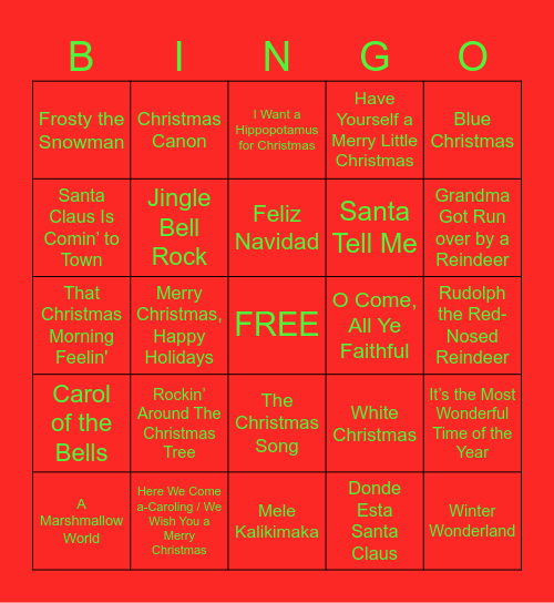 Christmas Song Bingo Card