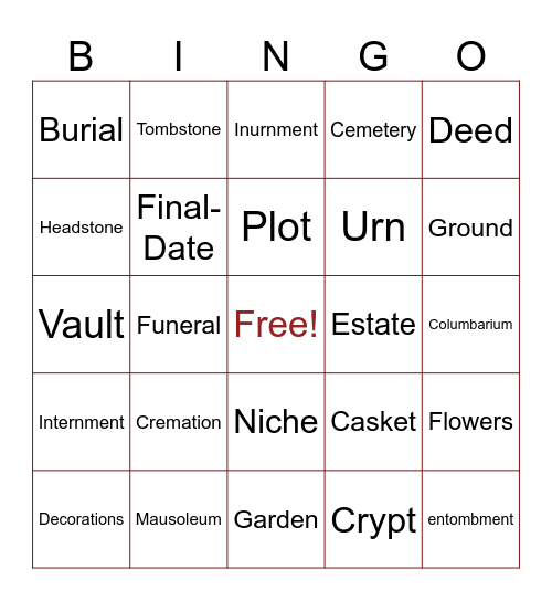 Memorial Planning Bingo Card