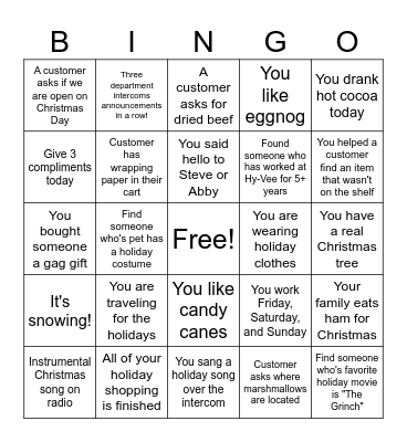 HY-VEE HOLIDAY BINGO Card