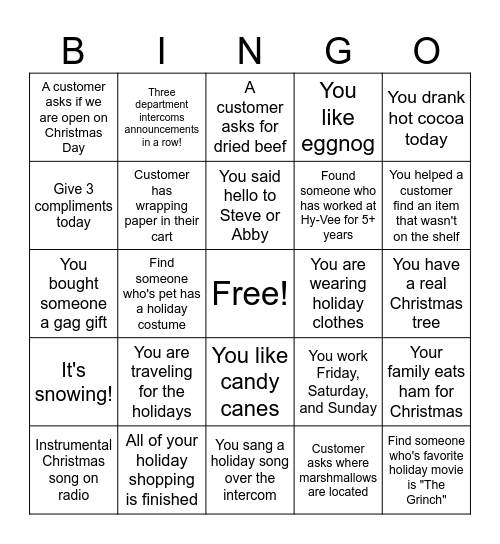 HY-VEE HOLIDAY BINGO Card