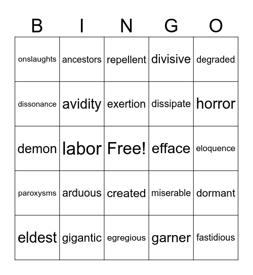 Frankenstein Bingo Card