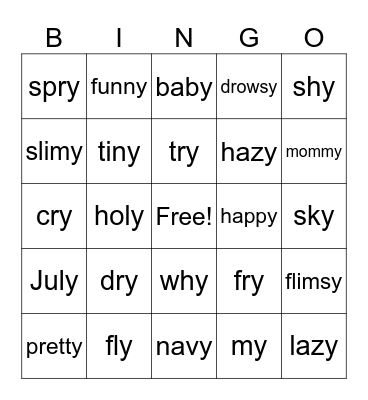 y as a vowel Bingo Card