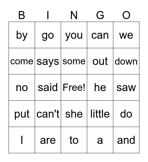 High Frequency Word BINGO Card