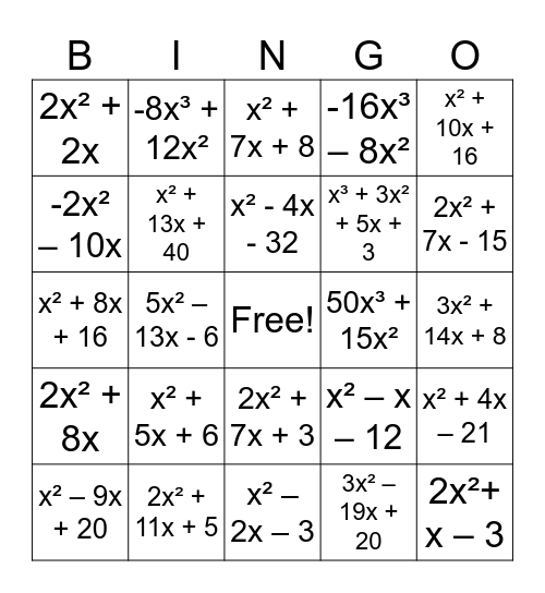 MULTIPLYING POLYNOMIALS Bingo Card