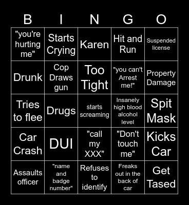 Body Cam Bingo Card