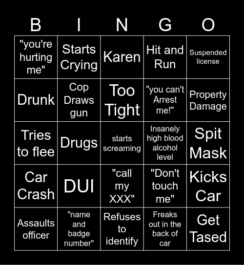 Body Cam Bingo Card