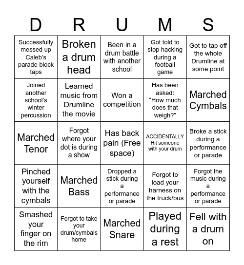 Drumline Bingo Card