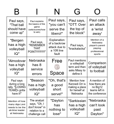 #5 Dayton vs #1 Nebraska Bingo Card