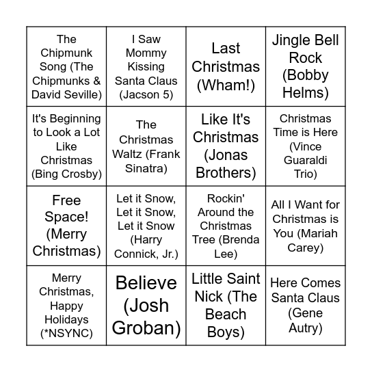 Christmas Song Bingo Card