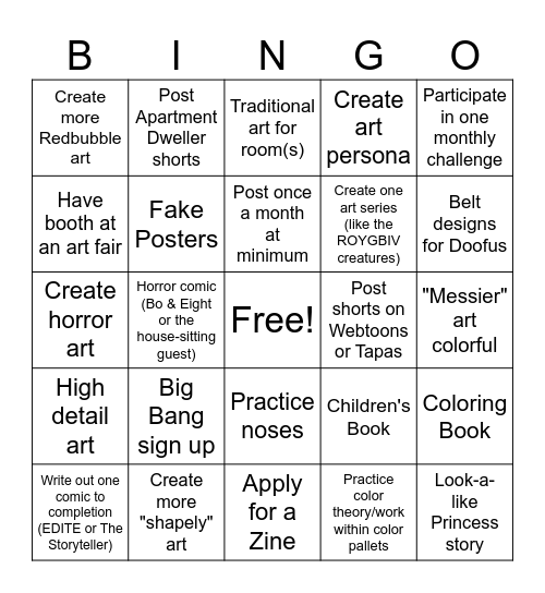 2025 Art Goals Bingo Card