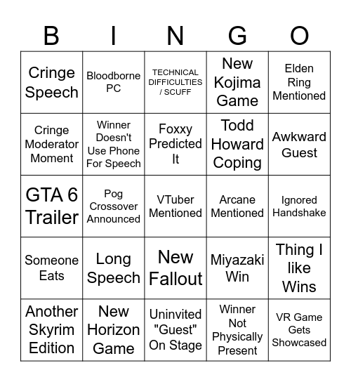 Foxxy's Game Awards Bingo Card