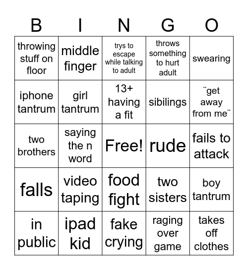 most spoiled kids bingo Card