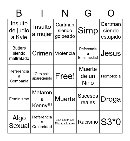 South Park Bingo Card