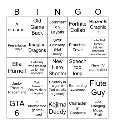 Game Awards '24 Bingo Card