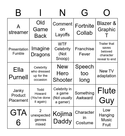 Game Awards '24 Bingo Card