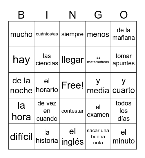 Avancemos 1 Unidad 2.1 Bingo Card