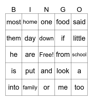 1st Grade High Frequency word Bingo Card