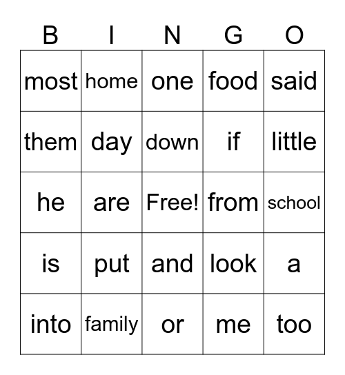 1st Grade High Frequency word Bingo Card