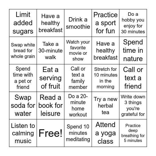 HEALTHY Bingo Card