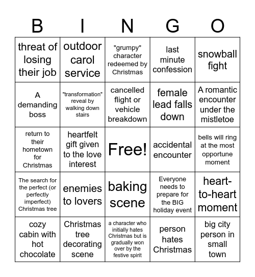 Christmas Rom Com Bingo Card