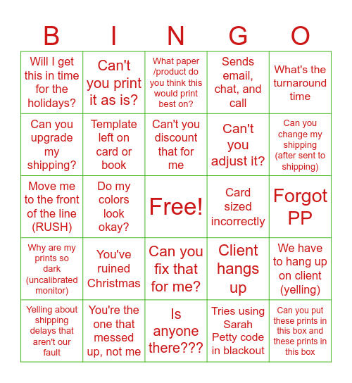 Christmas Complaints 2024 Bingo Card